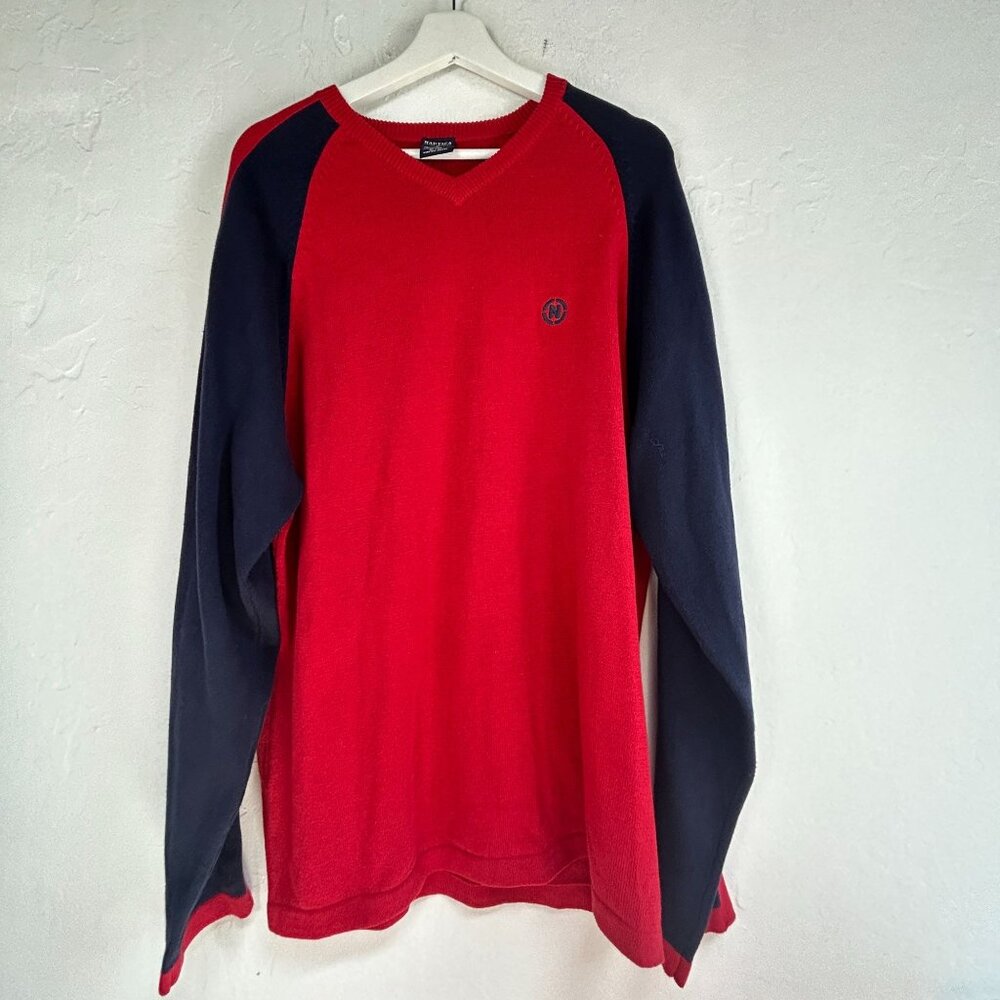 Nautica Jean Co. Mens Red Navy Colorblock V-Neck Sweater XL Cotton Pullover New